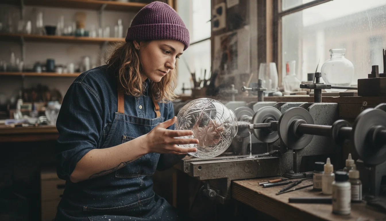 Glasveredlerin in der Fachrichtung Schliff und Gravur beim Gravieren eines Dekors in ein Glasgefäß