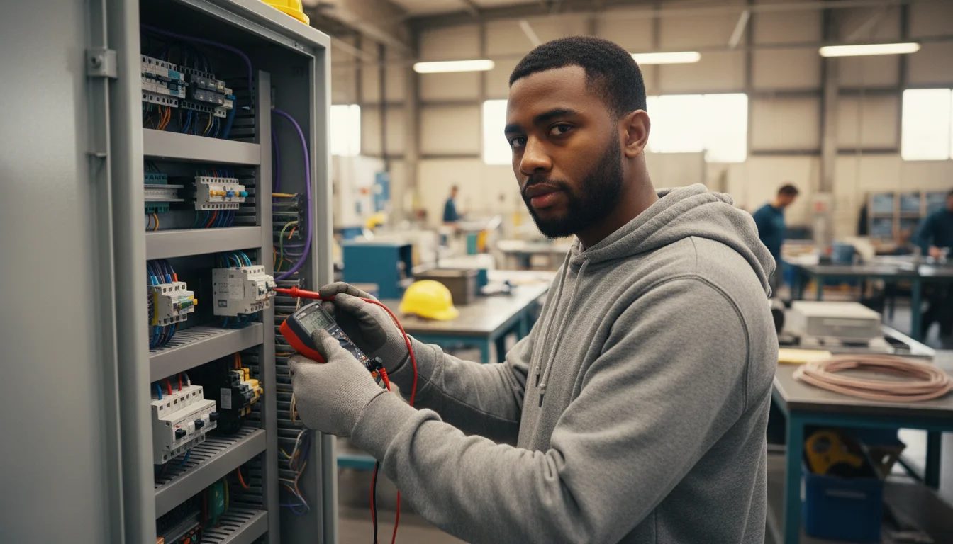 Elektronikerin für Betriebstechnik bei der Prüfung einer industriellen Schaltanlage