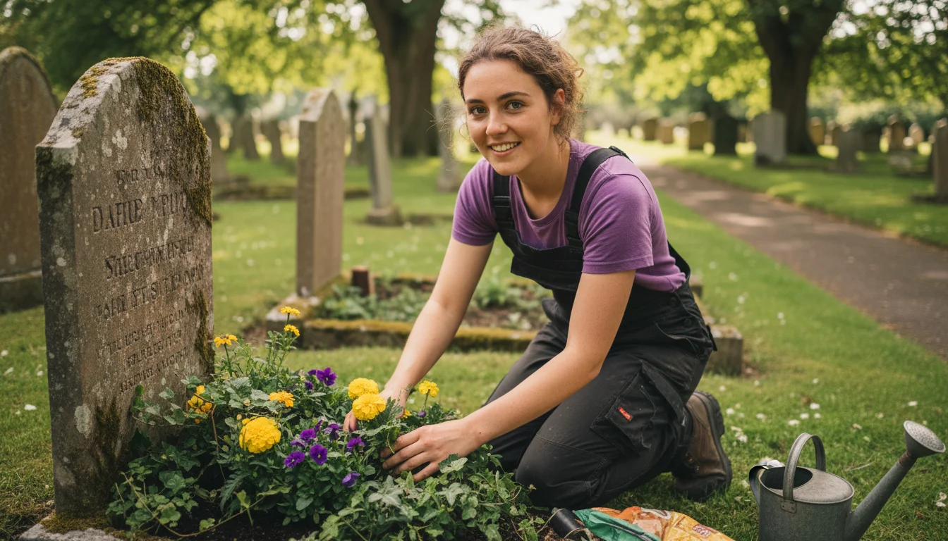 Gärtner in der Fachrichtung Friedhofsgärtnerei bei der saisonalen Bepflanzung einer Grabstätte