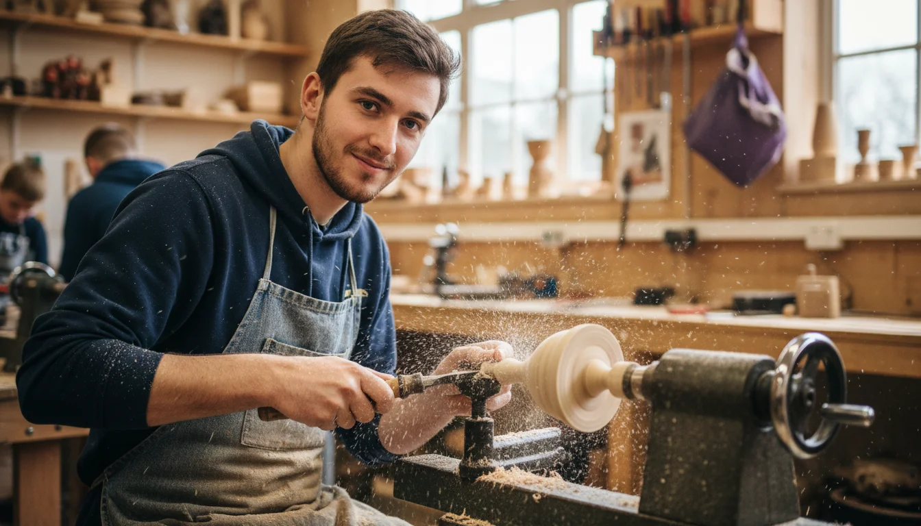 Drechslerin in der Fachrichtung Drechseln beim Bearbeiten eines Holzwerkstücks an der Drehmaschine