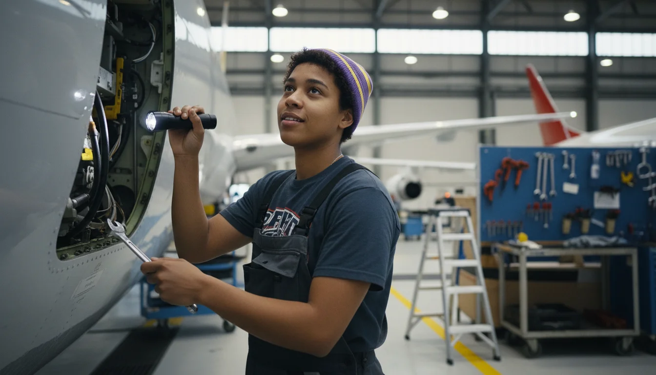 Fluggerätmechaniker in der Fachrichtung Instandhaltungstechnik bei einer Inspektion am Flugzeug