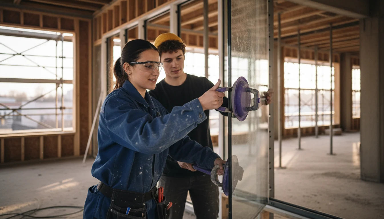 Glaserin in der Fachrichtung Fenster- und Glasfassadenbau beim Einsetzen einer Isolierglasscheibe in ein Fensterelement
