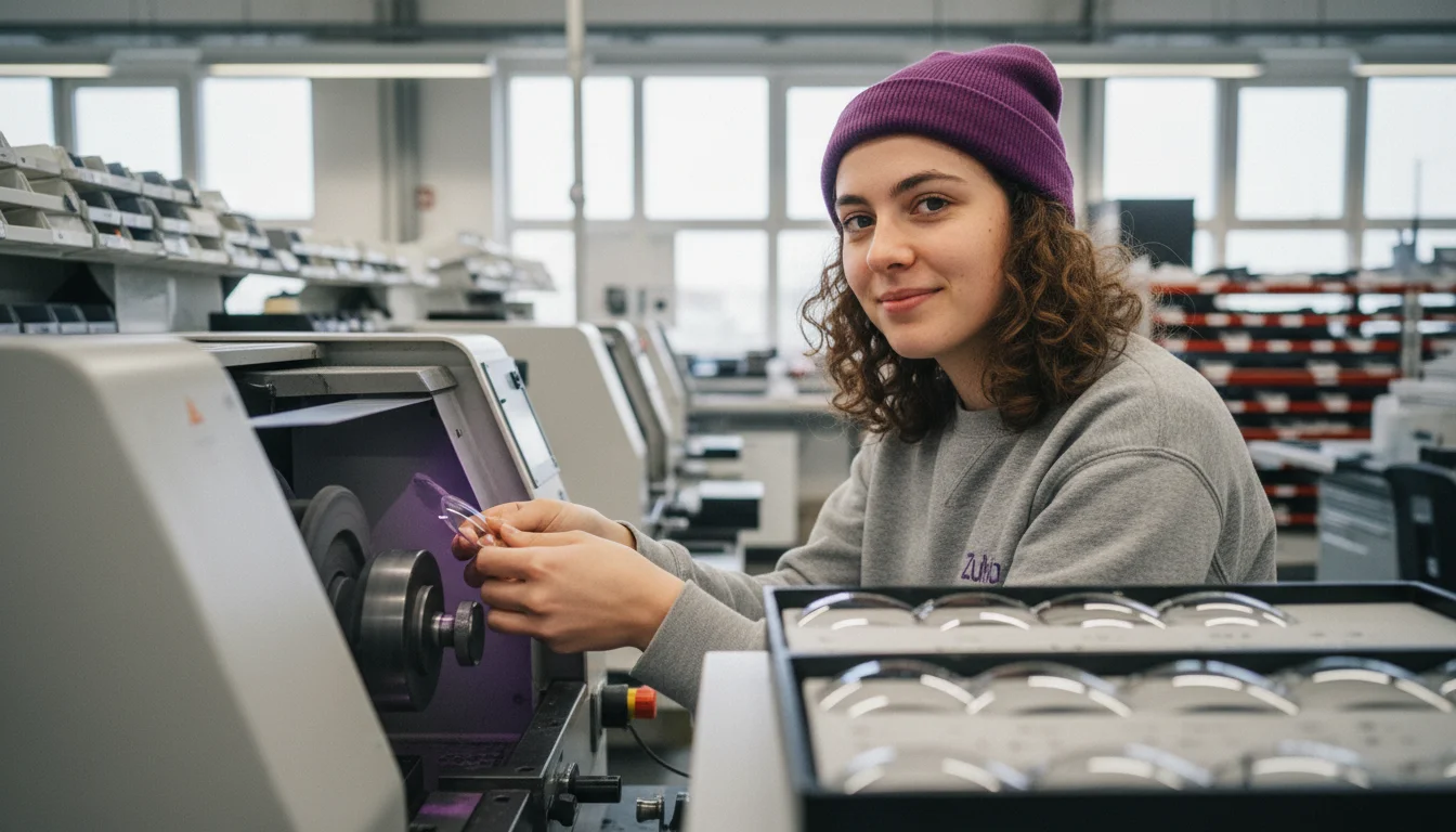 Verfahrensmechanikerin für Brillenoptik bei der präzisen Prüfung eines Brillenglases