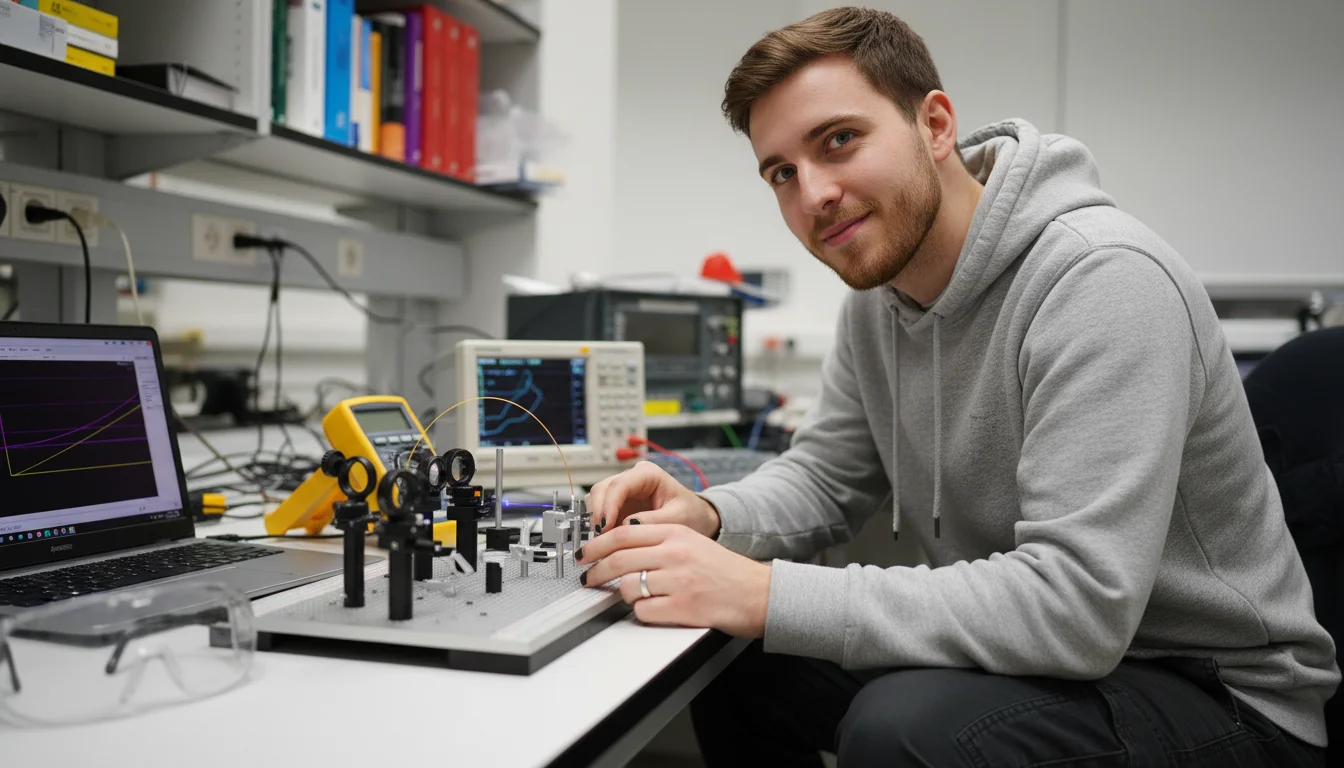 Physiklaborantin beim Aufbau und der Messung eines optischen Experiments