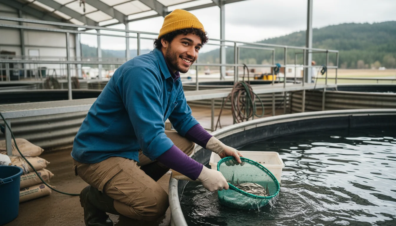 Fischwirtin in der Fachrichtung Aquakultur und Binnenfischerei bei der Kontrolle von Fischen in einer Teichanlage
