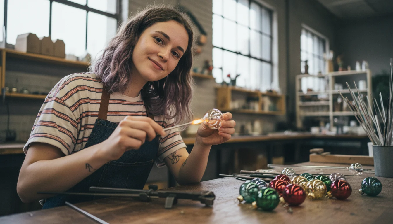 Glasbläserin in der Fachrichtung Christbaumschmuck beim Blasen einer Glaskugel am Brenner