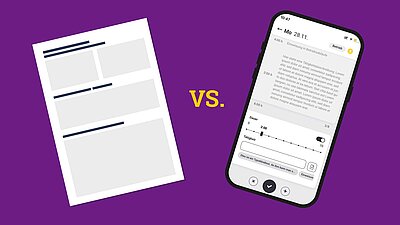 Links ein Berichtsheft auf Papier und rechts das digitale Berichtsheft von Zubido auf einem Smartphone
