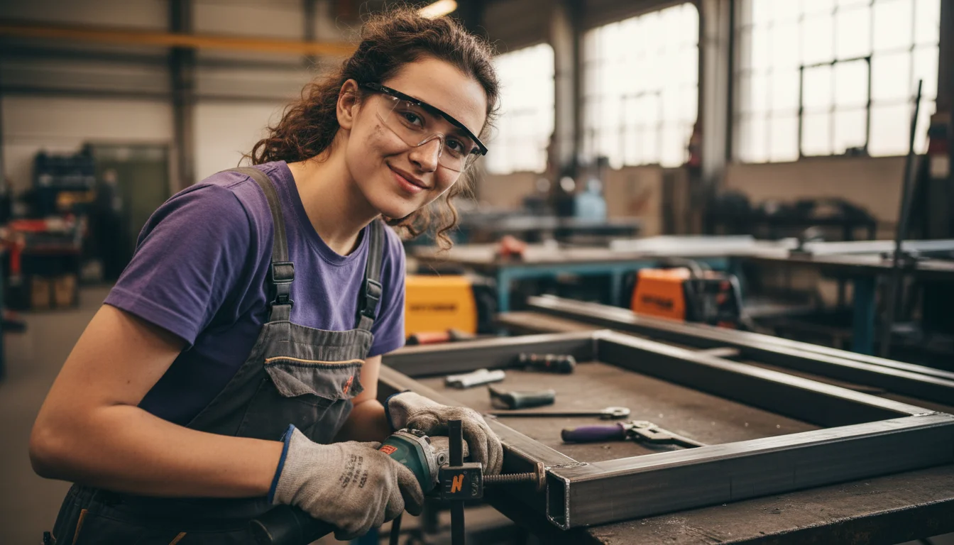 Fachkraft für Metalltechnik in der Fachrichtung Konstruktionstechnik beim Montieren einer geschweißten Metallkonstruktion