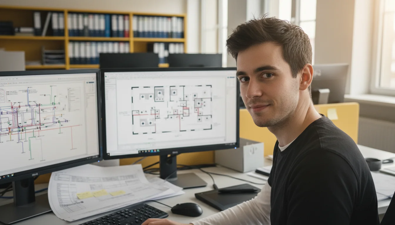 Technische Systemplanerin in der Fachrichtung Elektrotechnische Systeme bei der Arbeit im CAD-System