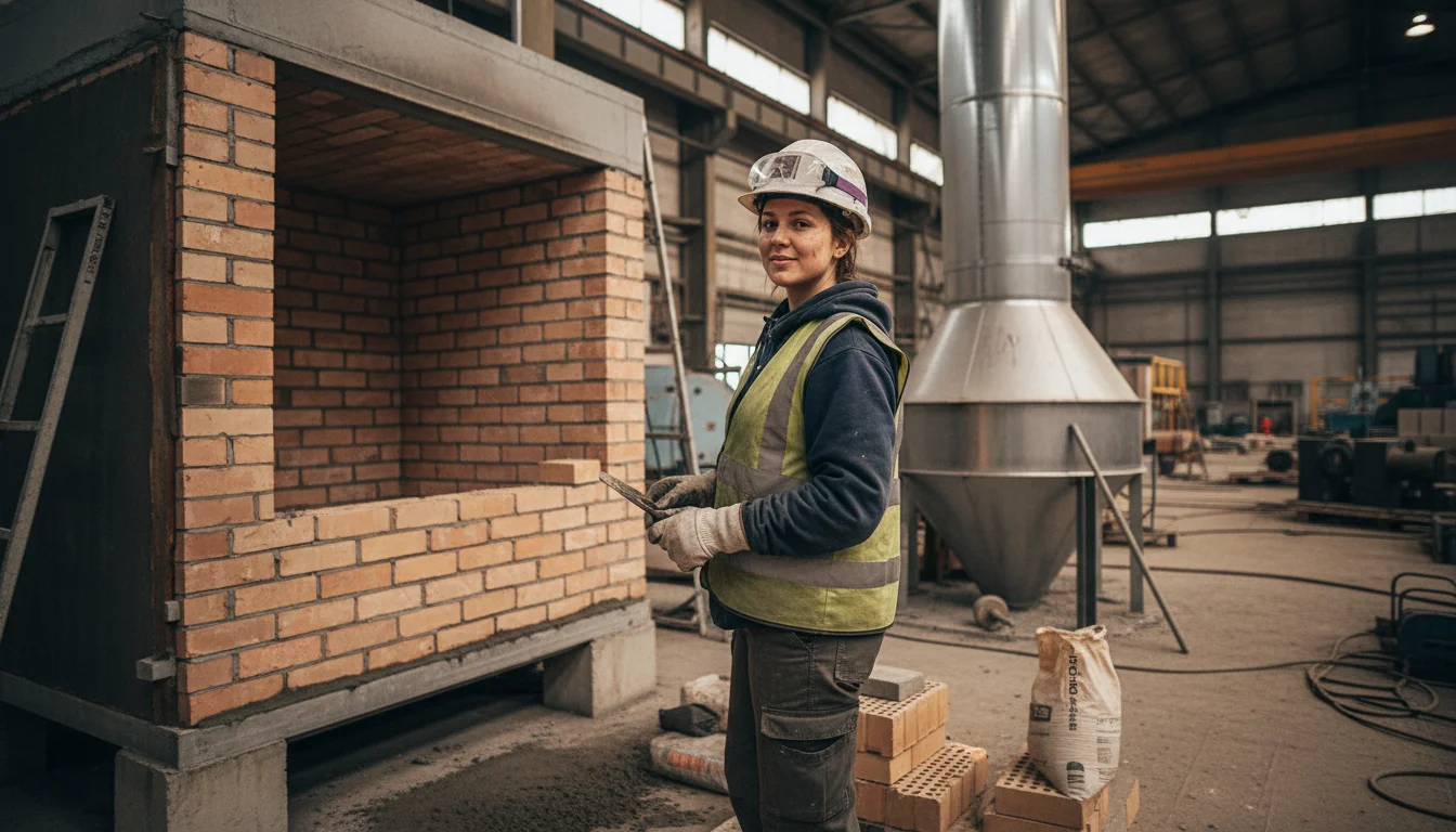 Feuerungs- und Schornsteinbauer bei der Montage feuerfester Bauteile in einer Industrieanlage