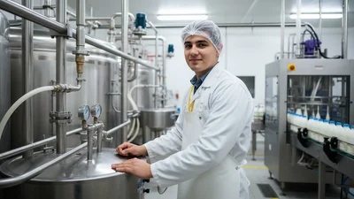 Milchtechnologin bei der Überwachung einer automatisierten Anlage zur Herstellung von Milchprodukten