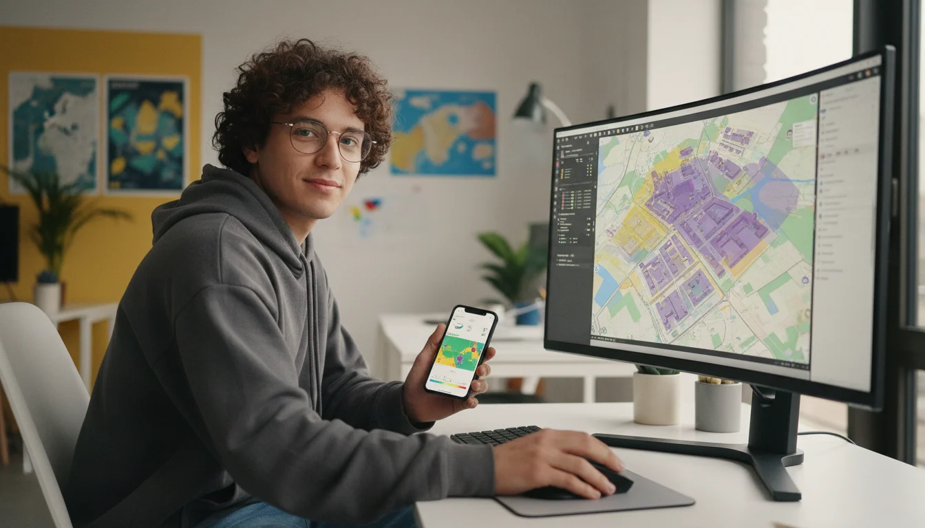 Geomatikerin bei der Auswertung und Visualisierung räumlicher Daten in einem Geoinformationssystem