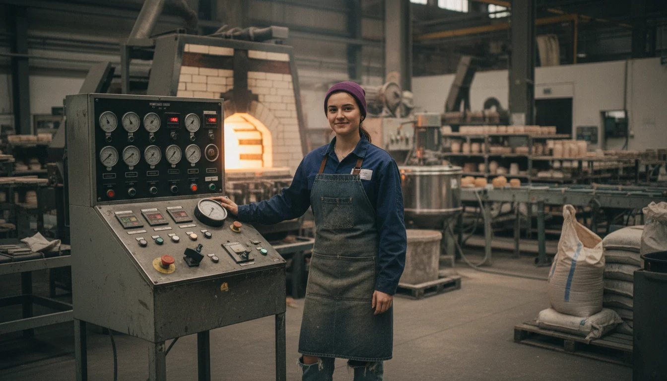 Industriekeramikerin Verfahrenstechnik bei einer qualitätsrelevanten Arbeit in der keramischen Fertigung