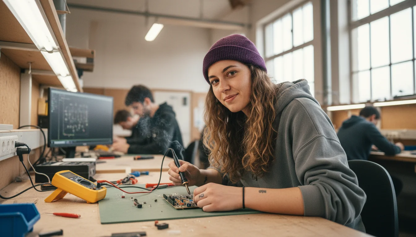 Elektronikerin für Geräte und Systeme beim Prüfen einer elektronischen Baugruppe