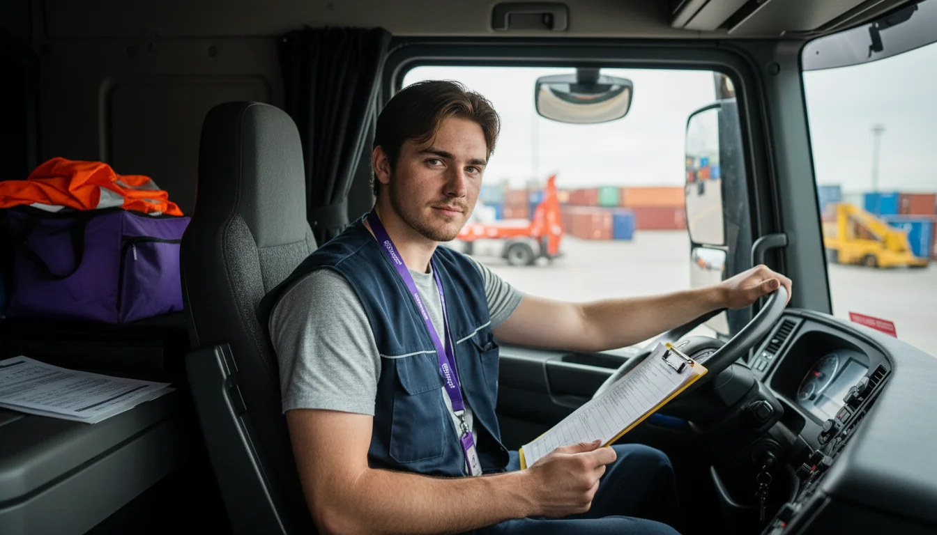 Berufskraftfahrerin bei der Abfahrtskontrolle an einem Lastkraftwagen