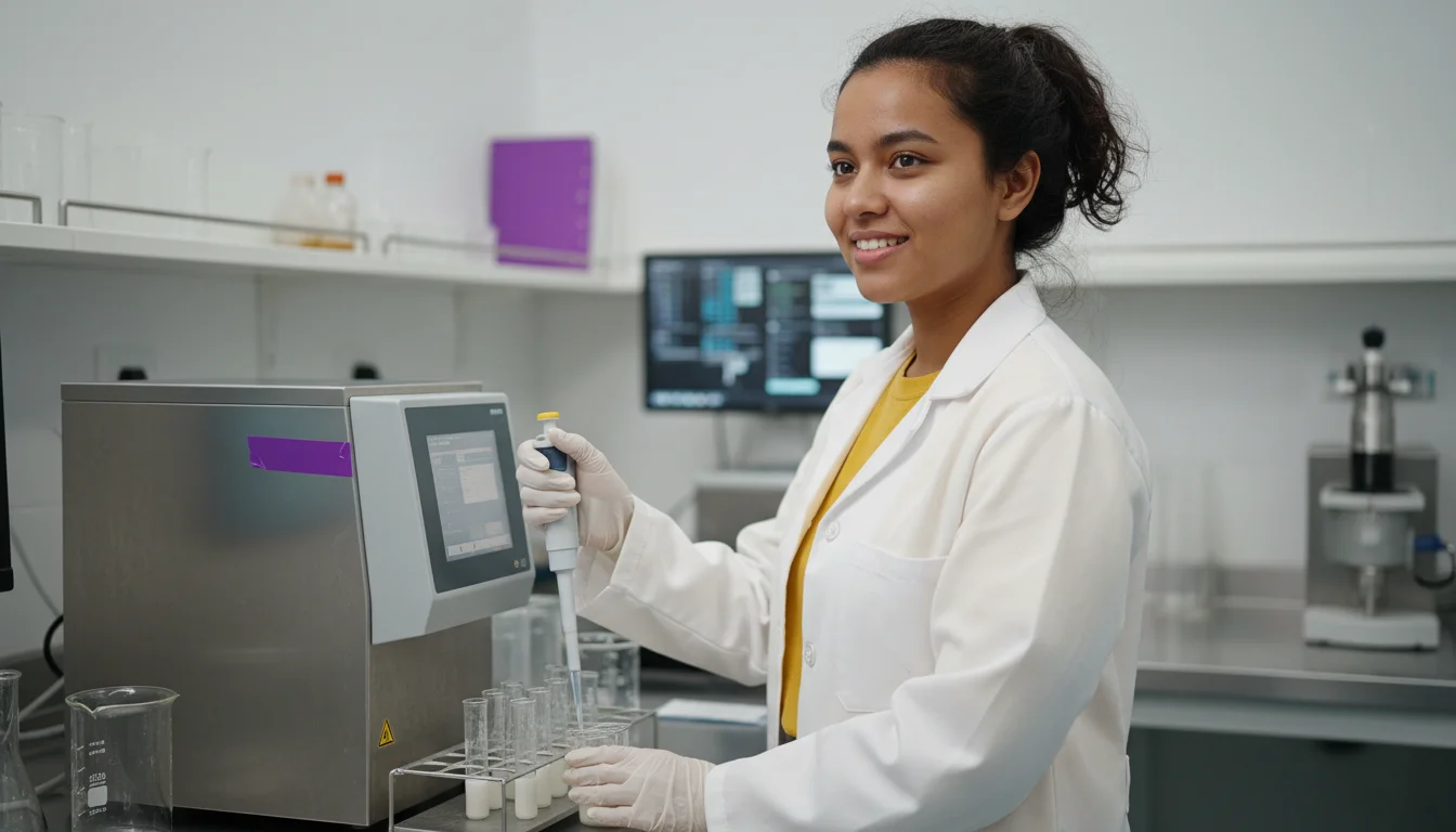 Milchwirtschaftliche Laborantin bei der mikrobiologischen Untersuchung einer Milchprobe