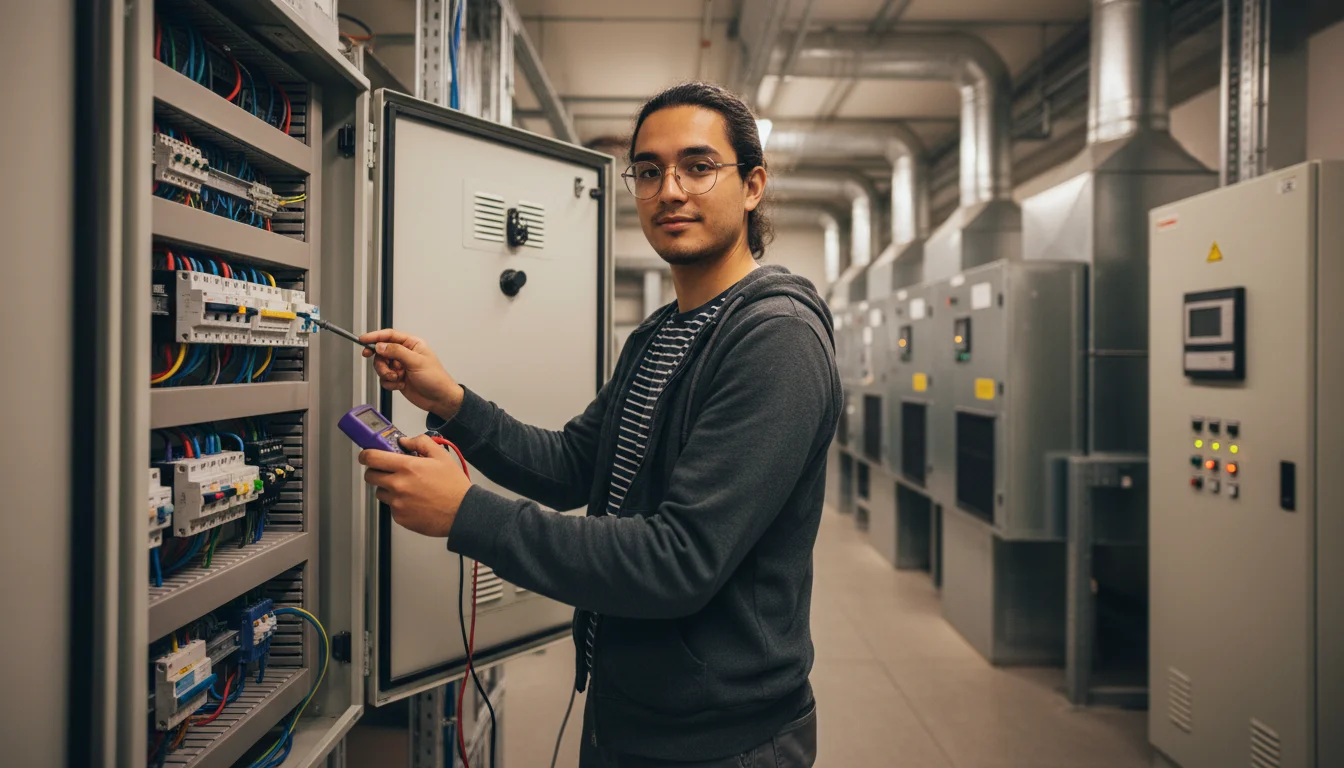 Elektroniker für Gebäude- und Infrastruktursysteme bei der Kontrolle einer Gebäudeleittechnik