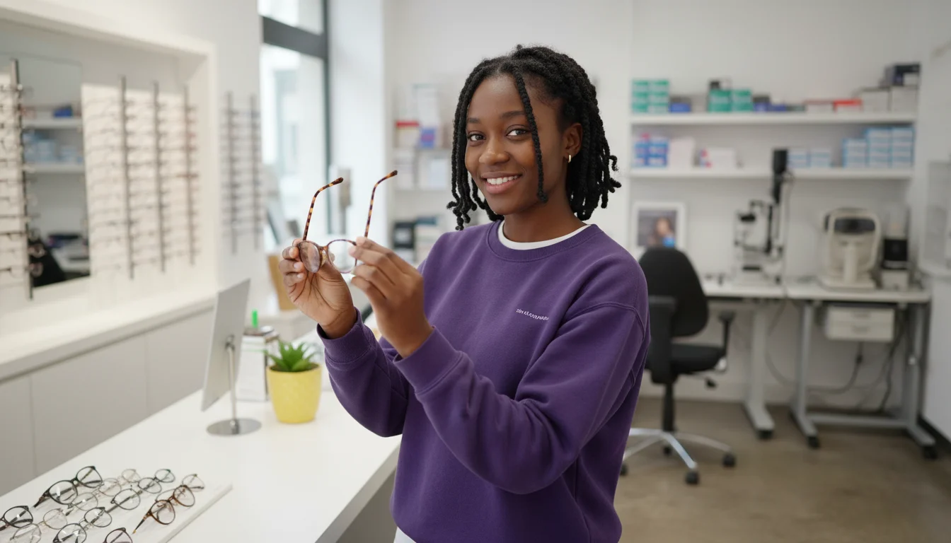 Augenoptikerin beim Zentrieren und Bearbeiten eines Brillenglases