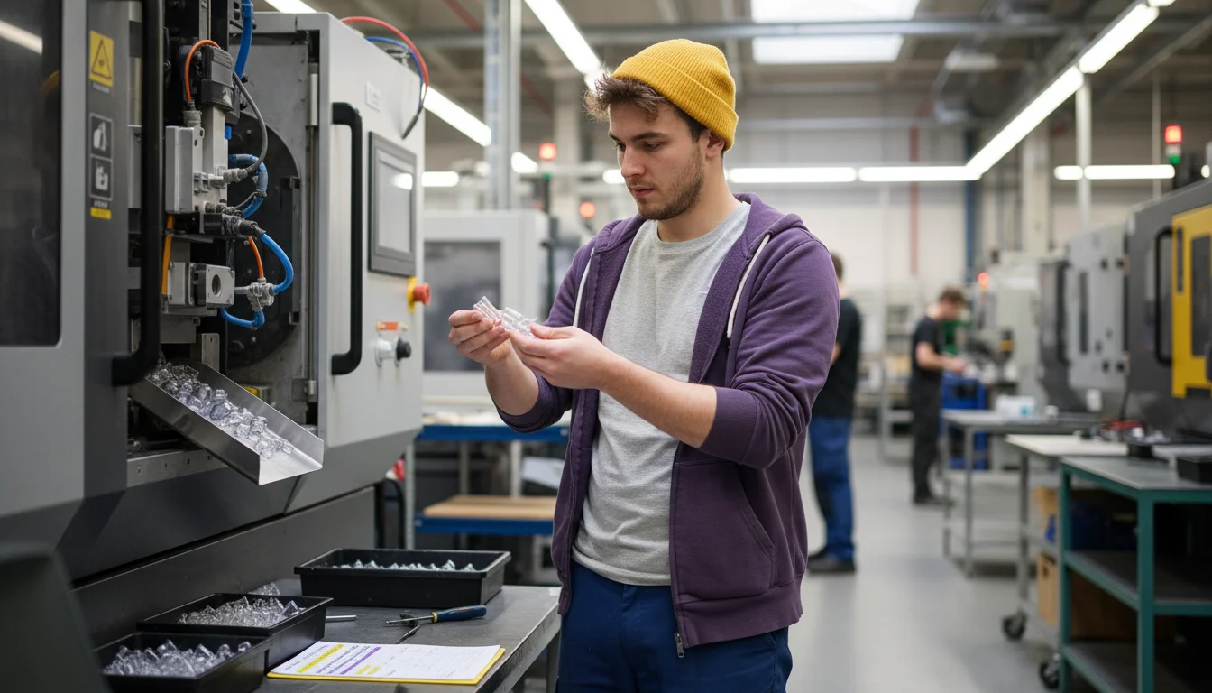 Kunststoff- und Kautschuktechnologe beim Einrichten einer Spritzgießmaschine in der Fachrichtung Formteile