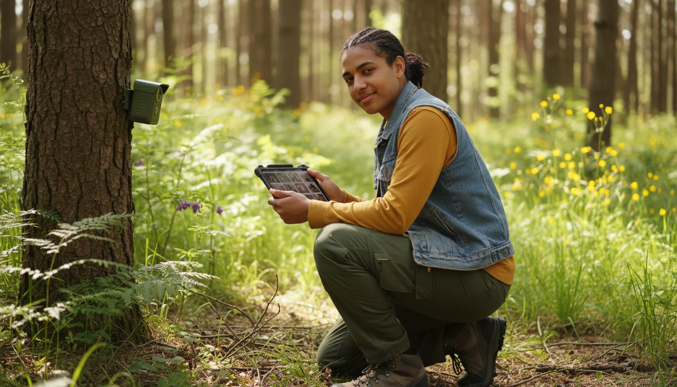 Revierjägerin bei der Wildbeobachtung und Revierkontrolle im Wald