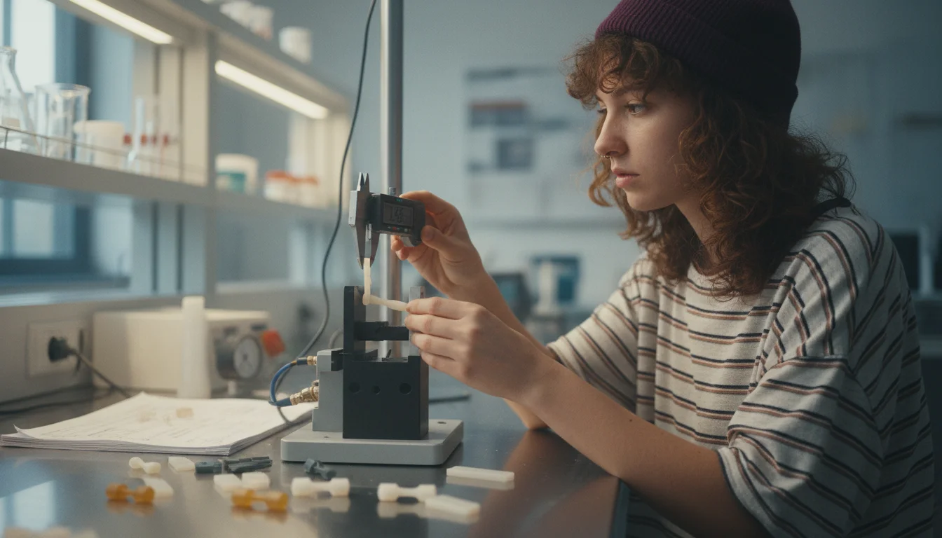 Werkstoffprüferin in der Fachrichtung Kunststofftechnik bei einer Werkstoffprüfung