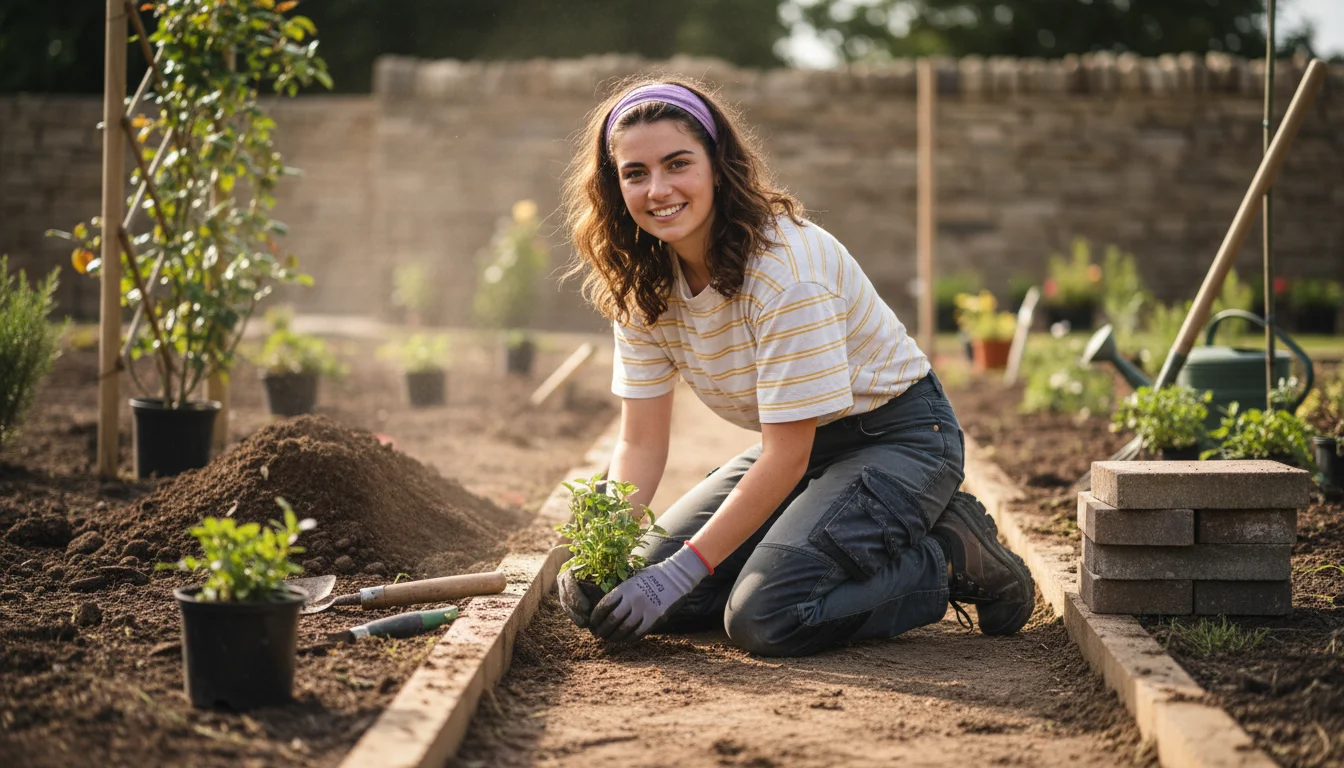 Gärtnerin in der Fachrichtung Garten- und Landschaftsbau beim Anlegen einer Außenfläche