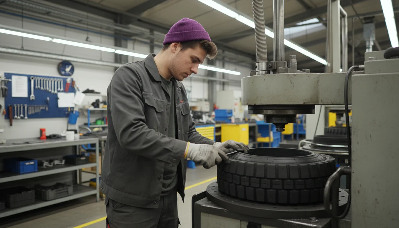 Mechaniker für Reifen- und Vulkanisationstechnik in der Fachrichtung Vulkanisationstechnik beim Reparieren eines Reifens
