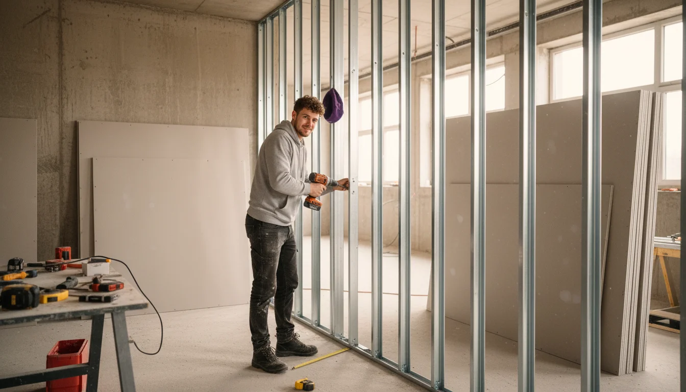 Trockenbaumonteurin beim Montieren einer Metallunterkonstruktion für eine Innenwand