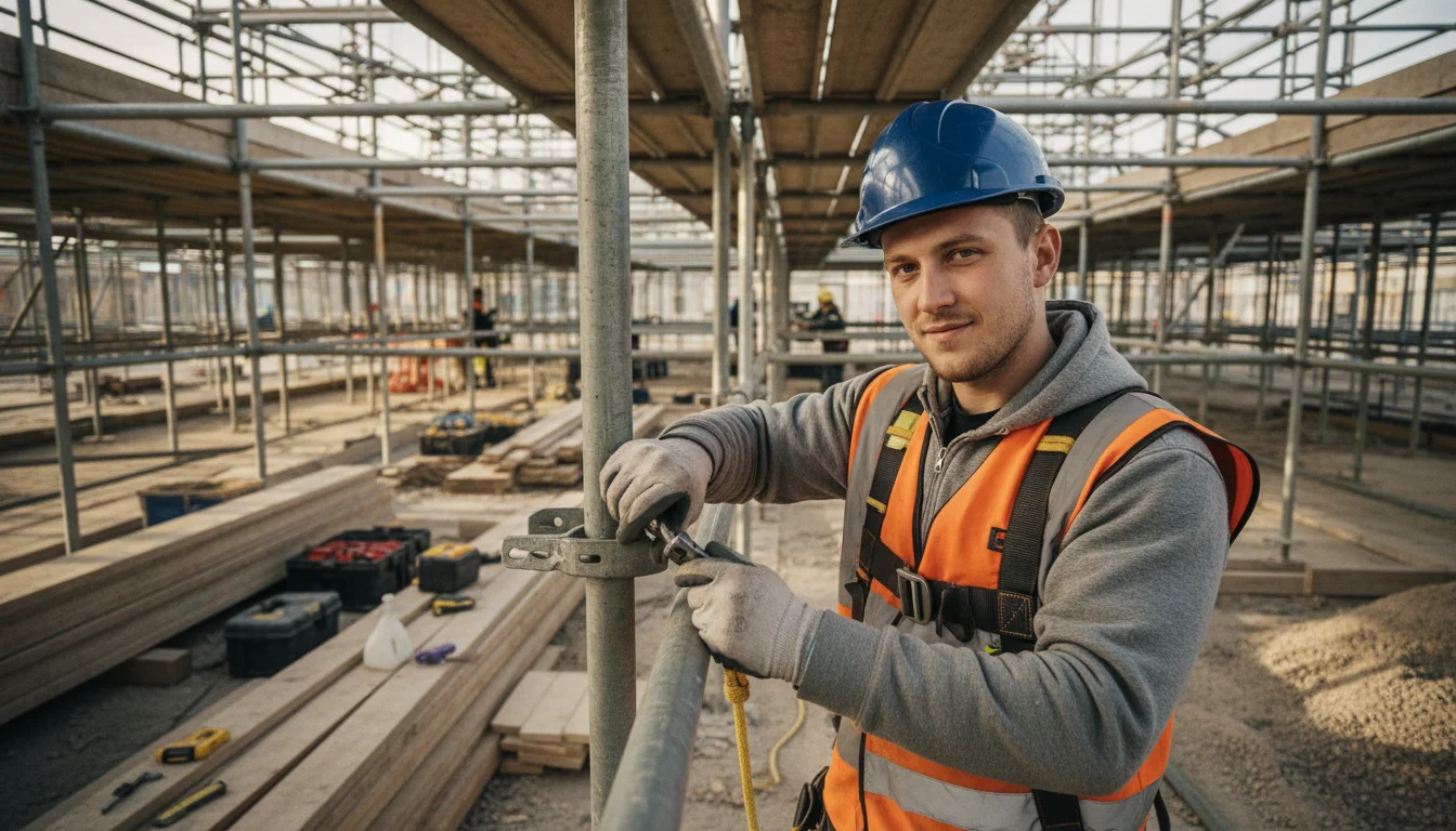 Gerüstbauerin beim fachgerechten Montieren eines Arbeitsgerüstes mit Absturzsicherung
