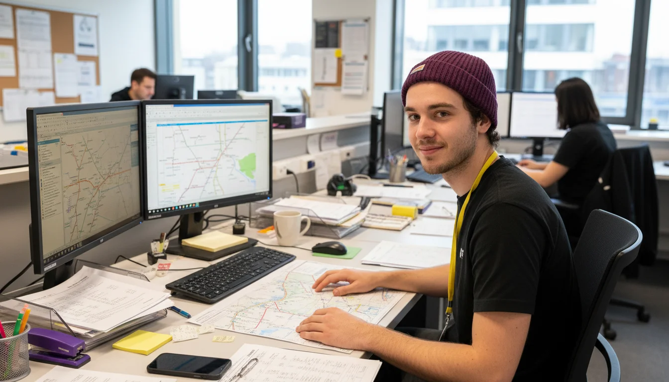 Kauffrau im Eisenbahn- und Straßenverkehr bei der digitalen Planung eines Transportauftrags