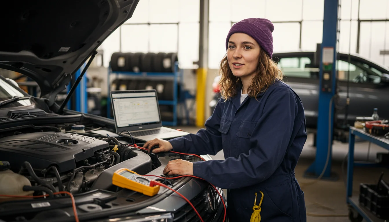 Kraftfahrzeugmechatronikerin im Schwerpunkt System- und Hochvolttechnik bei der sicheren Diagnose eines Elektrofahrzeugs