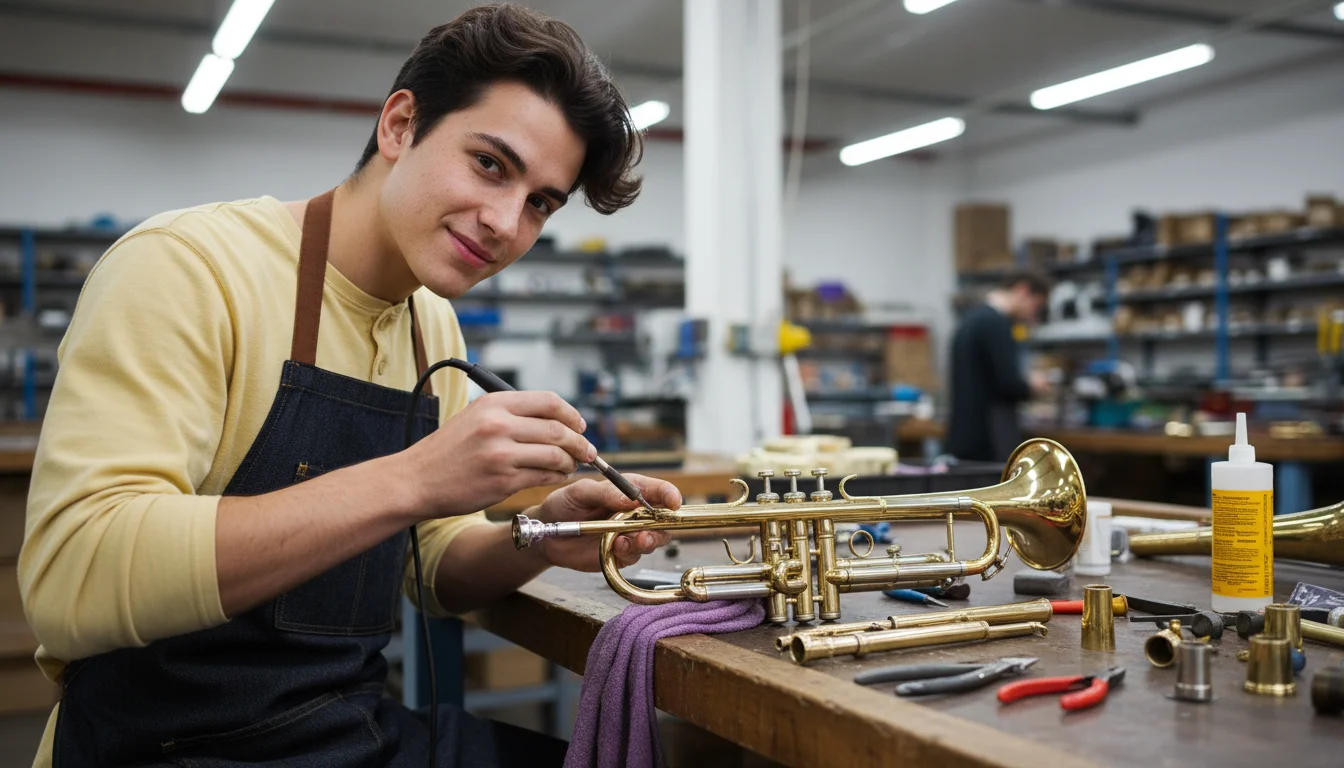 Metallblasinstrumentenmacherin beim Montieren und Abstimmen eines Blechblasinstruments