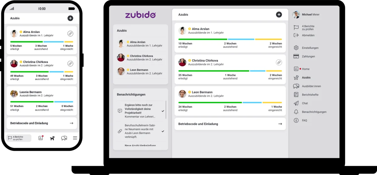 Digitales Berichtsheft von Zubido als Web-App auf Laptop und Smartphone