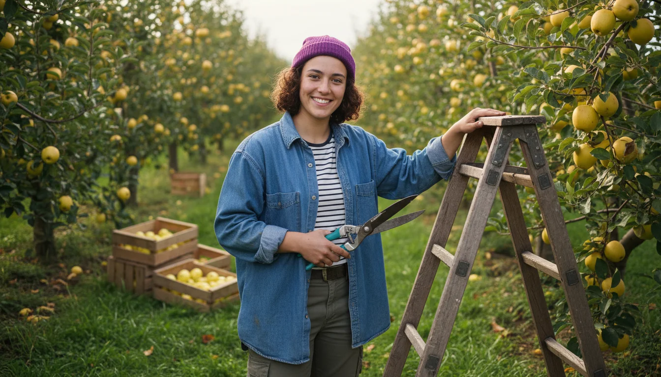 Gärtner in der Fachrichtung Obstbau bei der Kontrolle und Pflege junger Obstbäume in einer Anlage