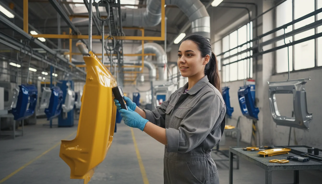Verfahrensmechanikerin für Beschichtungstechnik bei der Kontrolle einer Lackieranlage