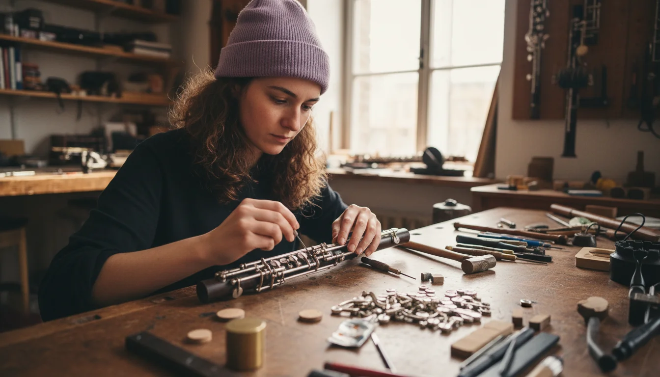 Holzblasinstrumentenmacherin beim präzisen Einpassen einer Klappenmechanik an einer Klarinette