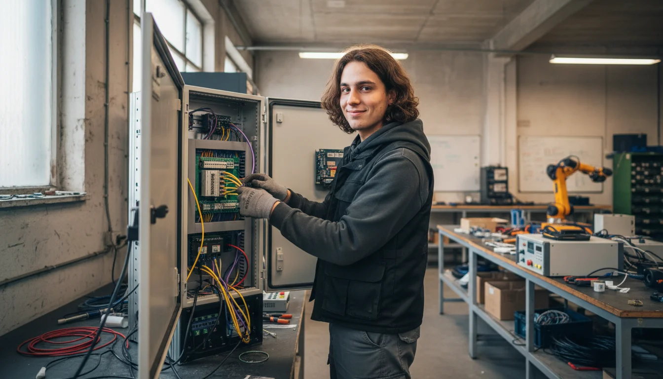 Mechatronikerin bei der Inbetriebnahme eines automatisierten mechatronischen Systems