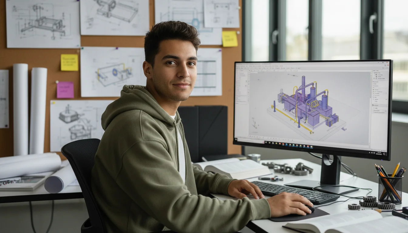 Technische Produktdesignerin in der Fachrichtung Maschinen- und Anlagenkonstruktion bei der Arbeit im CAD-System