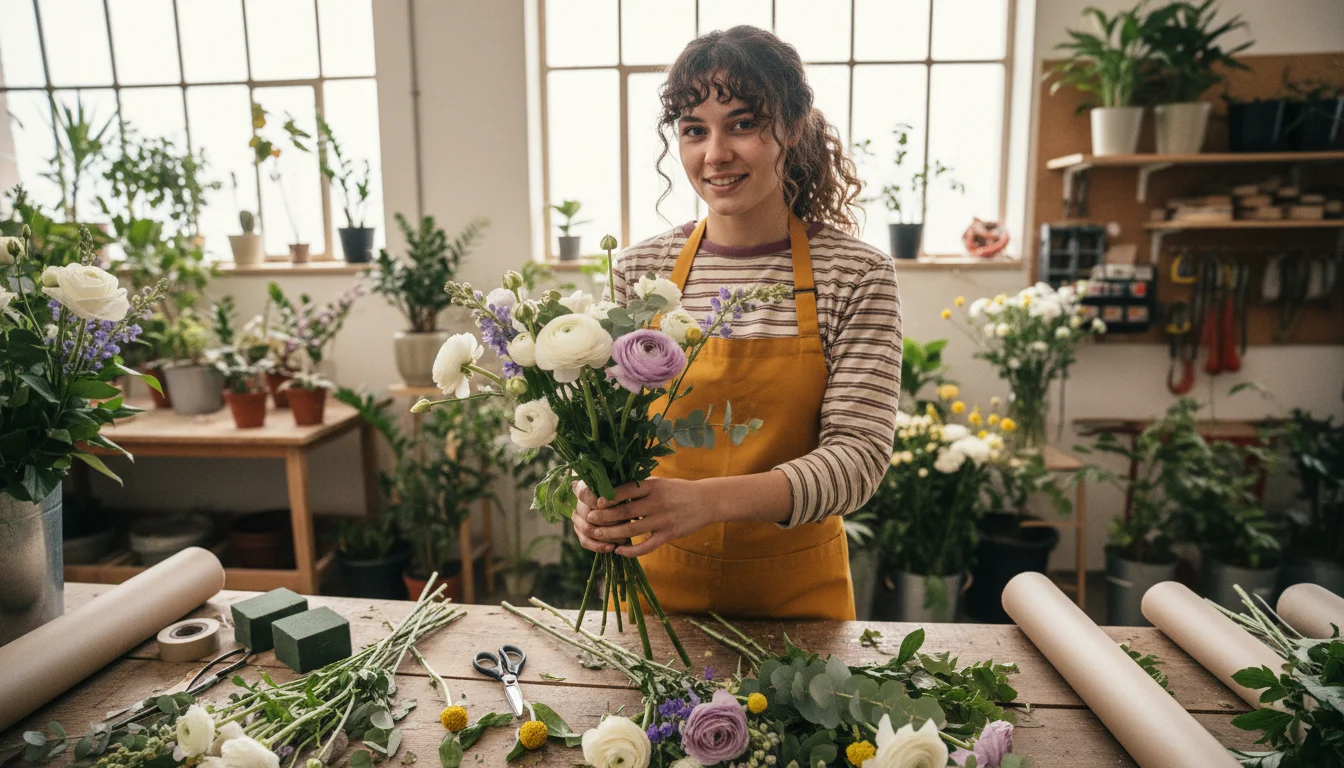 Floristin beim Gestalten eines Blumenstraußes an einem professionellen Arbeitsplatz im Blumenfachgeschäft