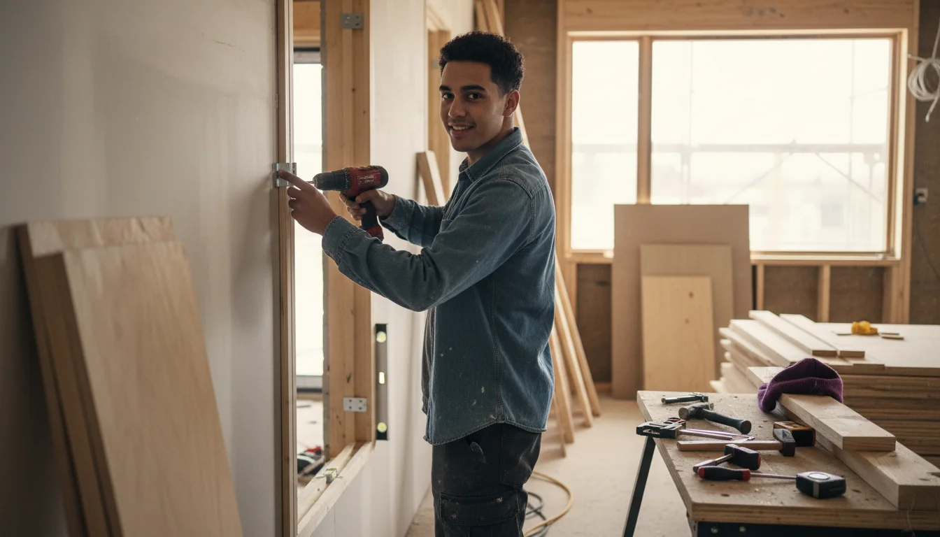 Holzmechanikerin in der Fachrichtung Montieren von Innenausbauten und Bauelementen bei einer präzisen Arbeit an einem Holzbauteil