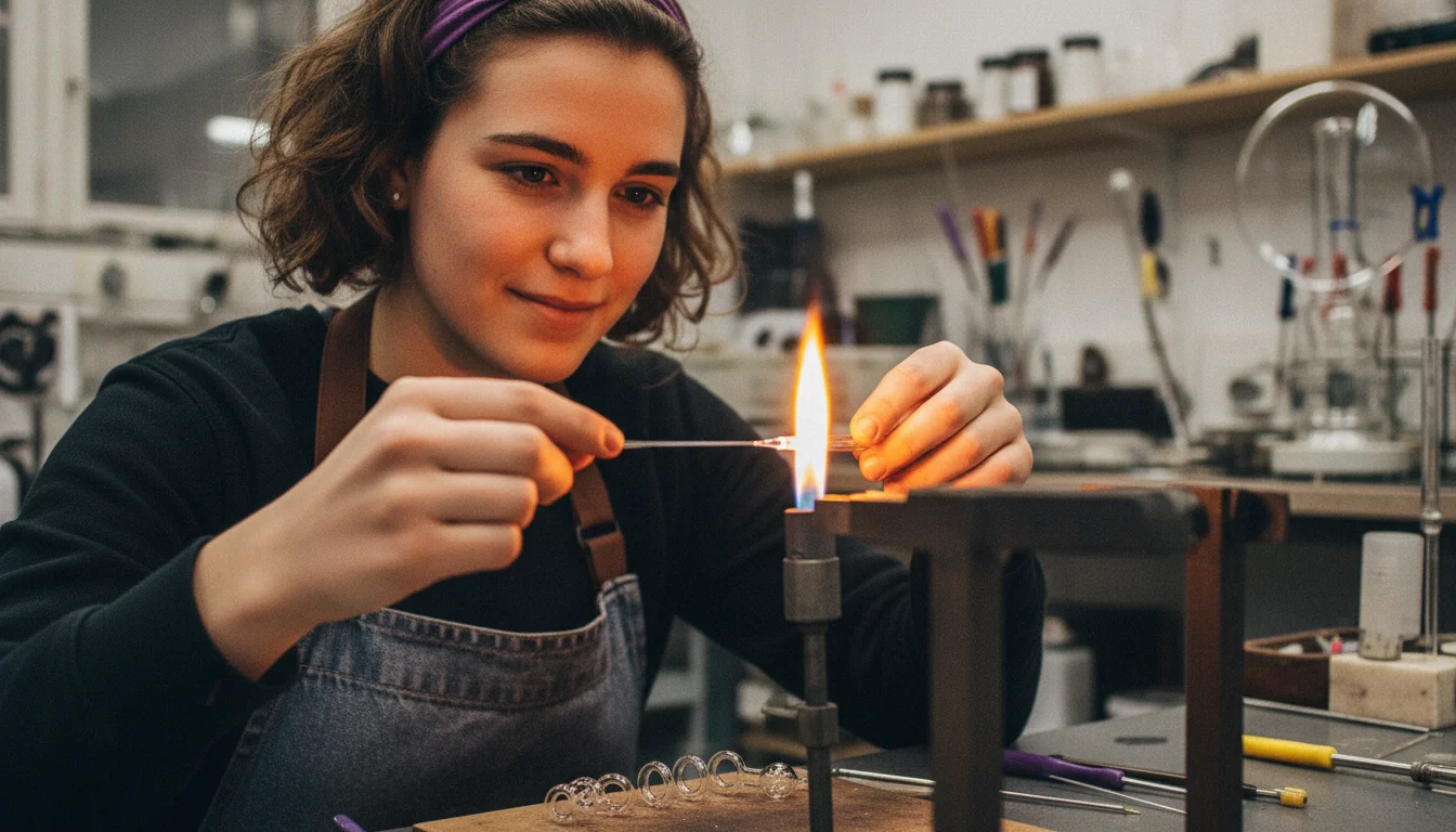 Thermometermacherin in der Fachrichtung Thermometerblasen bei der Fertigung eines Glasthermometers