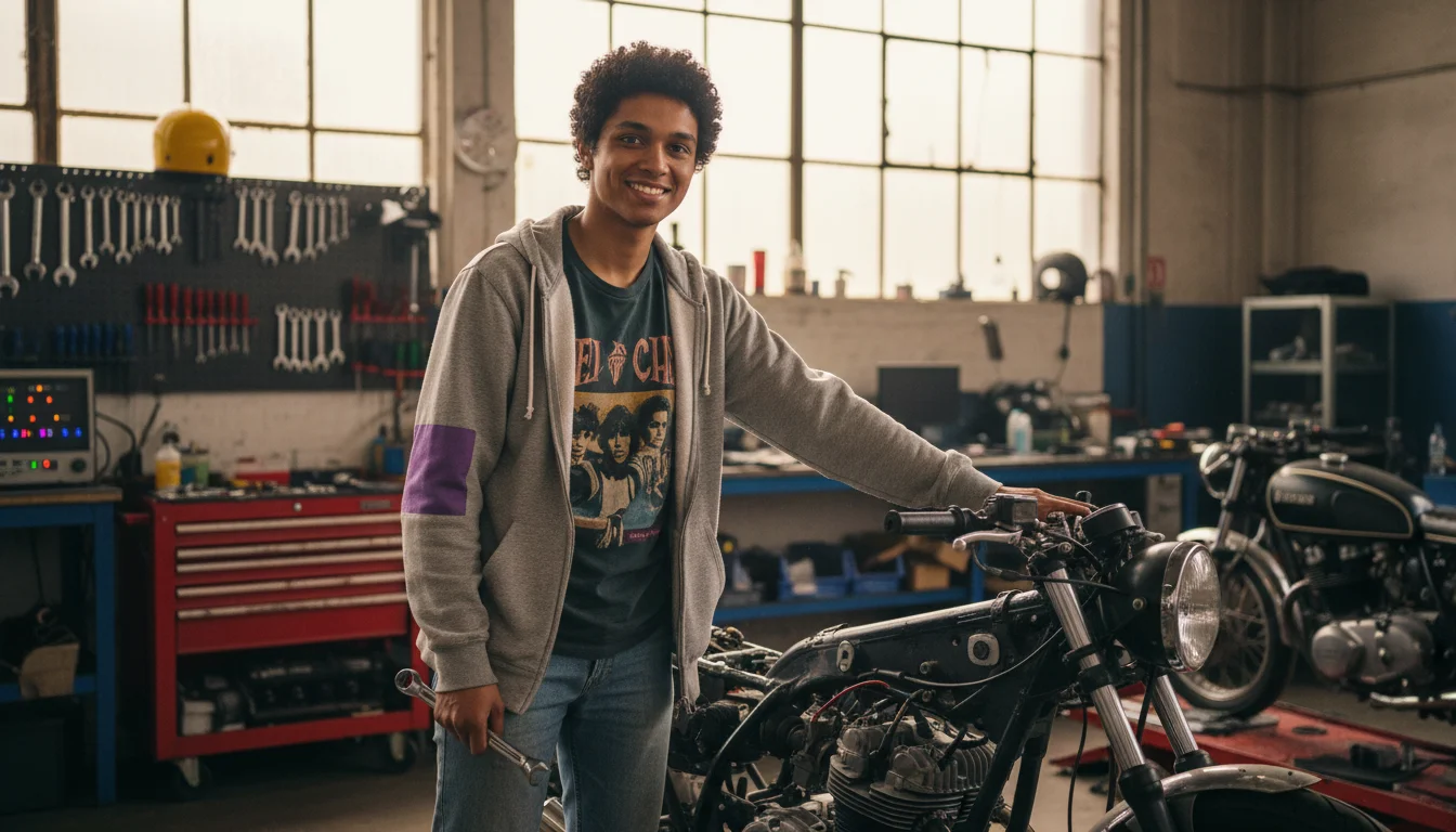 Zweiradmechatronikerin in der Fachrichtung Motorradtechnik bei einer Wartungsarbeit