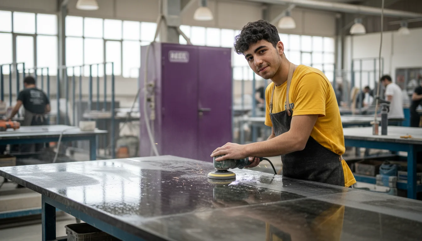Naturwerksteinmechaniker in der Fachrichtung Schleiftechnik beim maschinellen Schleifen einer Natursteinplatte