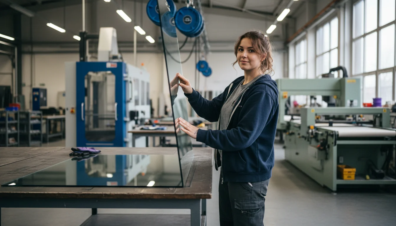 Flachglastechnologin bei der Kontrolle einer automatisierten Glasbearbeitungsanlage