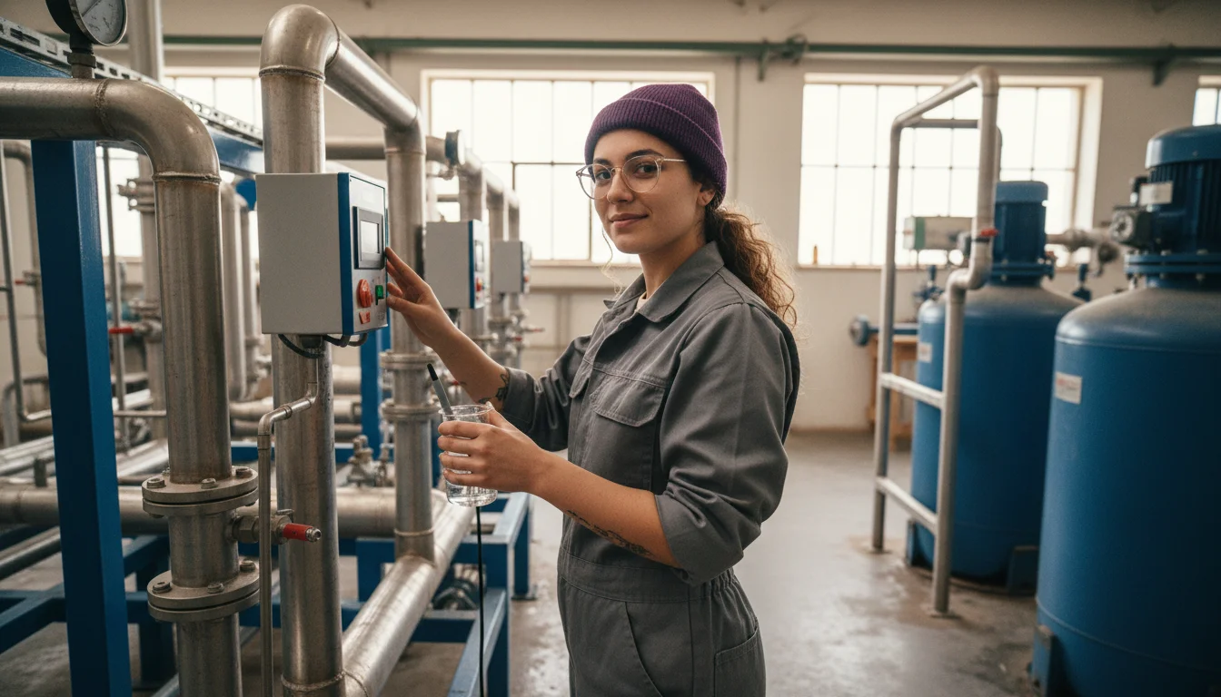 Umwelttechnologin für Wasserversorgung bei der Kontrolle einer Wasseraufbereitungsanlage