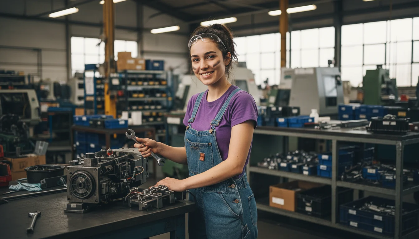 Industriemechanikerin bei der präzisen Montage einer Baugruppe an einer Produktionsanlage