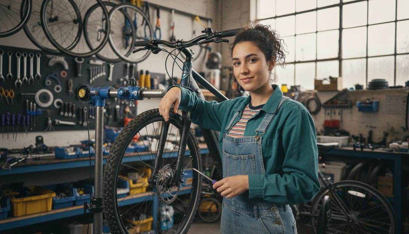 Zweiradmechatronikerin in der Fachrichtung Fahrradtechnik bei einer Wartungsarbeit
