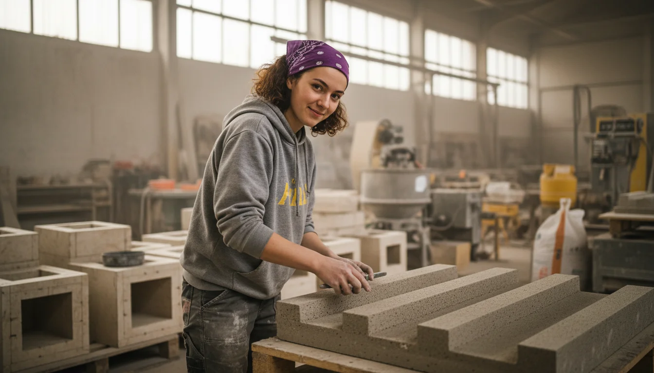 Werksteinherstellerin beim Bearbeiten eines Betonwerksteins in der Werkstatt