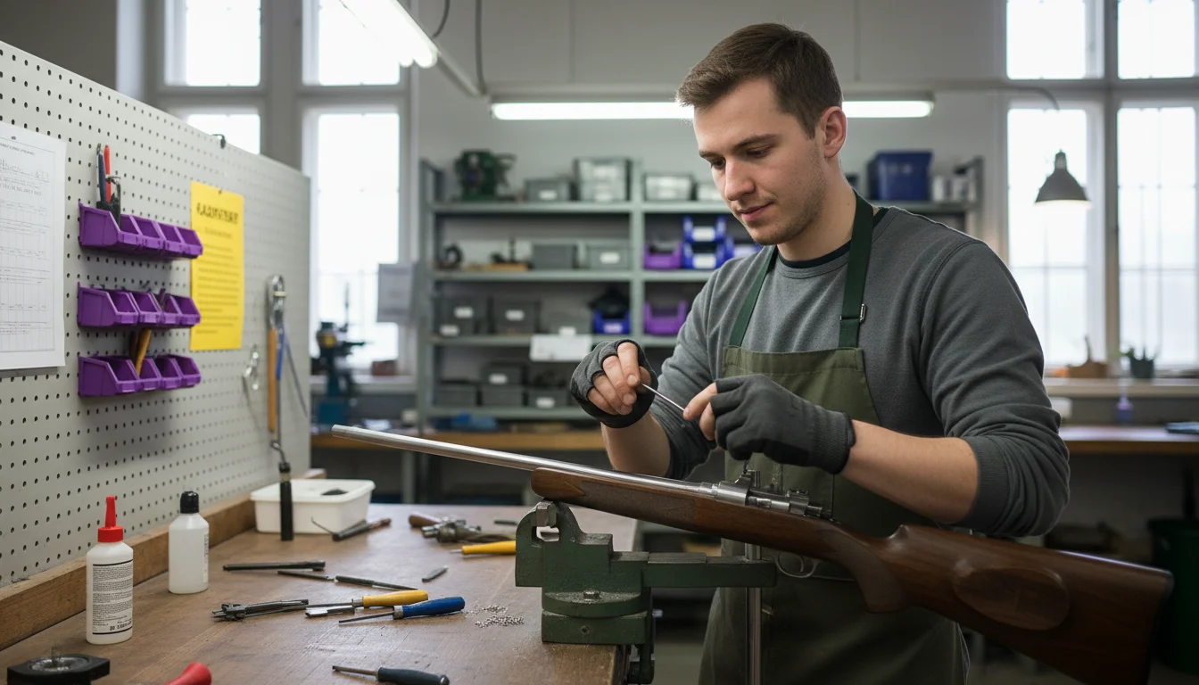 Büchsenmacherin bei der präzisen Bearbeitung eines metallischen Waffenteils