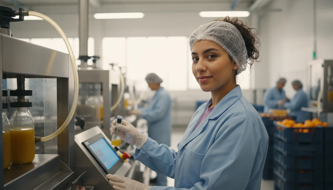 Fachkraft für Fruchtsafttechnik bei der Qualitätskontrolle einer Saftprobe in der Produktion